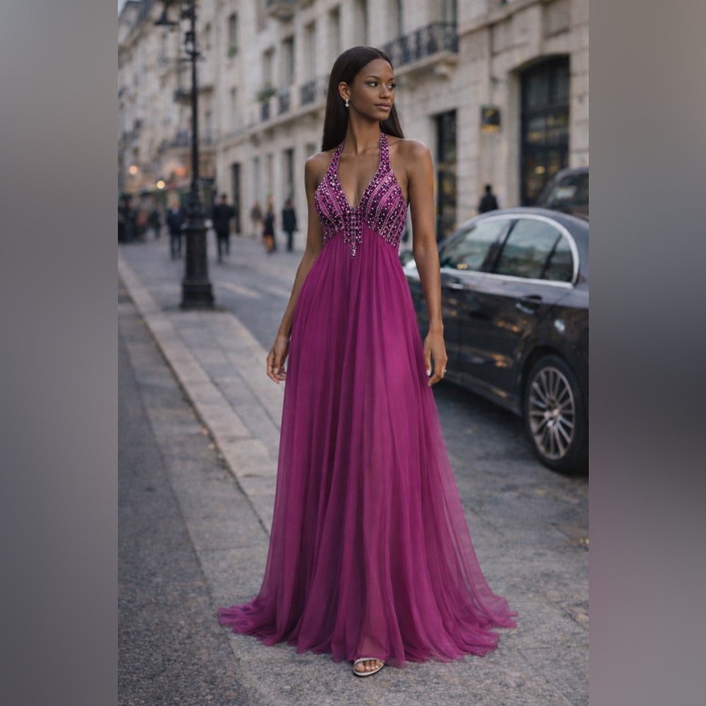 Aidan Mattox Fuchsia pink beaded halter neck silk long Gown open back size 12